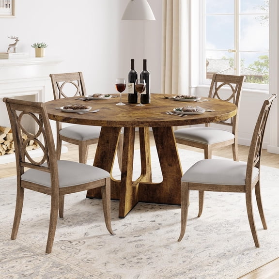 47-Inch Round Dining Table for 4, Wooden Pedestal Farmhouse Table, Modern Rustic Dining Furniture for Kitchen, Home, or Living Room, No Chairs, Rustic Brown