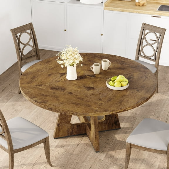 47-Inch Round Dining Table, Farmhouse Wooden Kitchen Table for 4-6, Rustic Dining Room Table with Solid Wood Legs and Adjustable Pads, Rustic Brown (Only Table)