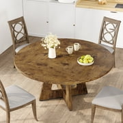 47-Inch Round Dining Table, Farmhouse Wooden Kitchen Table for 4-6, Rustic Dining Room Table with Solid Wood Legs and Adjustable Pads, Rustic Brown Only Table
