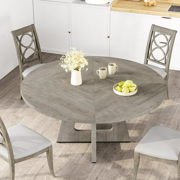 47-Inch Round Dining Table, Farmhouse Wooden Kitchen Table for 4-6, Rustic Dining Room Table with Solid Wood Legs and Adjustable Pads, Rustic Gray (Only Table)