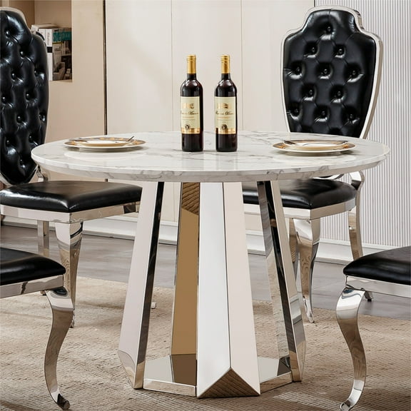 47 Inch Round Dining Table with Faux Marble Top and Stainless Steel Base, Modern Kitchen Table for Dining Room, Kitchen, Office or Party Use in Silver and White Finish