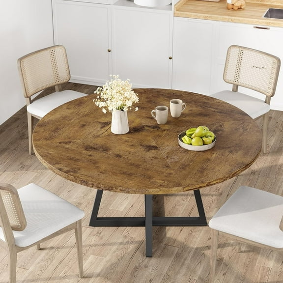 47-Inch Round Dining Table, Industrial Wooden Kitchen Table for 4-6, Rustic Dinner Table with Metal Base and Adjustable Pads, Brown(Only Table)