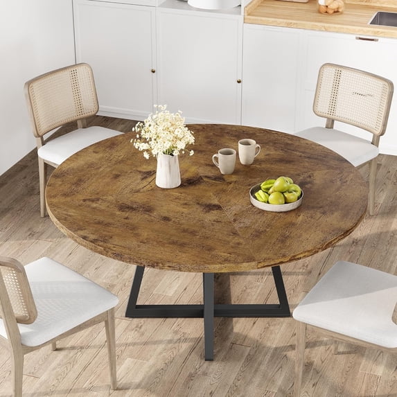 47-Inch Round Dining Table, Industrial Wooden Kitchen Table for 4-6, Rustic Dinner Table with Metal Base and Adjustable Pads, Brown(Only Table)