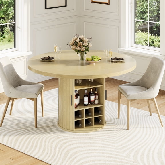 47 Inch Round Dining Table Seats 4-6 People, Wooden Kitchen Table with Built-In Storage and Wine Cabinet, Multipurpose Home Furniture for Dining Room and Living Room (Table Only)