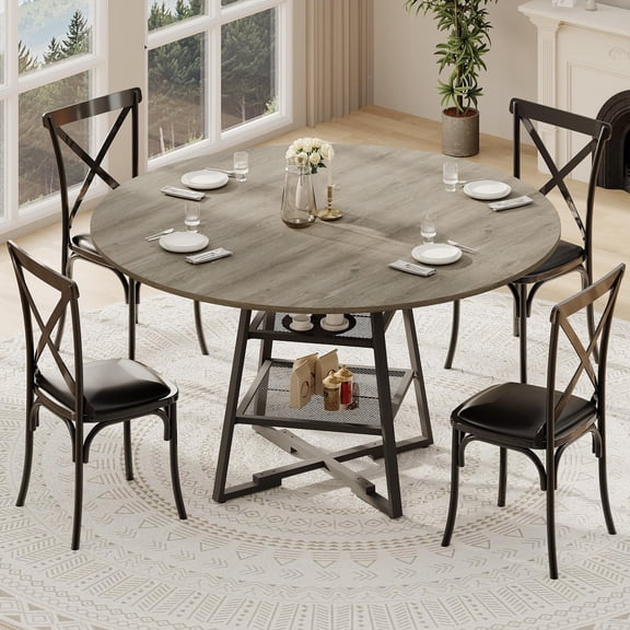 47 Inch Round Dining Table Set for 4-6 with Storage Shelf & Metal Base, Circle Wooden Kitchen Table Set for Dining Room (Only  Table )