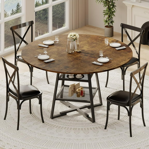 47 Inch Round Dining Table Set for 4-6 with Storage Shelf & Metal Base, Circle Wooden Kitchen Table Set for Dining Room (Only  Table )