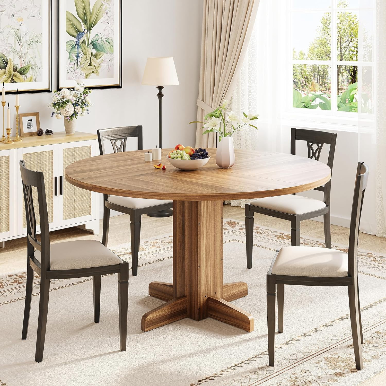 47-Inch Round Dining Table for 4-6 – Farmhouse Walnut Wood – Sturdy ...