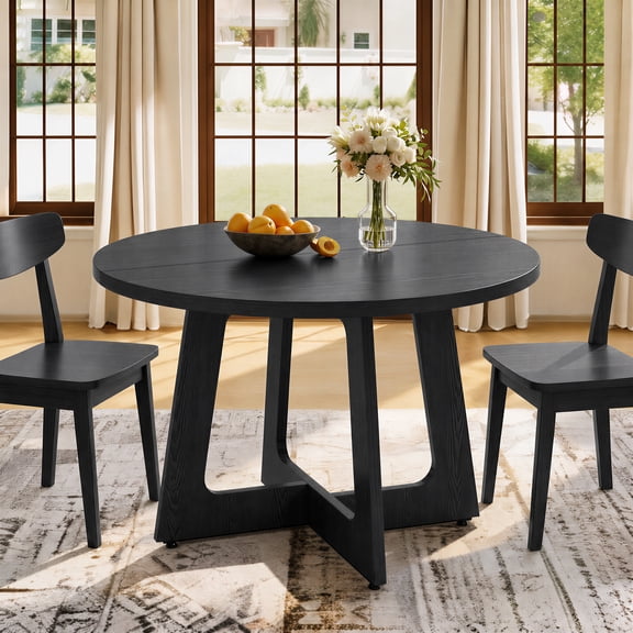 47 Inch Round Dining Table for 4-6, Farmhouse Wood Dining Room Table, Modern Circle Kitchen Table for Dining Room, Kitchen, Living Room, Black