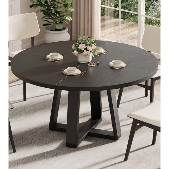 47 Inch Round Dining Table for 4-6 People, Circle Kitchen Table with Cross Base, Farmhouse Wood Dinner Table for Apartment, Black