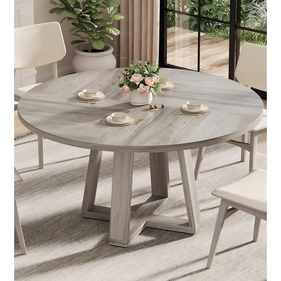 47 Inch Round Dining Table for 4-6 People, Circle Kitchen Table with Cross Base, Farmhouse Wood Dinner Table for Apartment, Grey