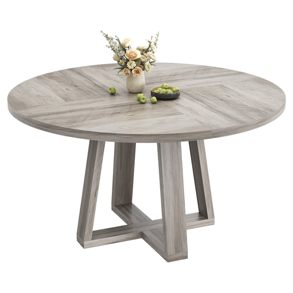 47 Inch Round Dining Table for 4-6 People, Farmhouse Wood Circle Kitchen Table with Cross Base - Table Only - Gray
