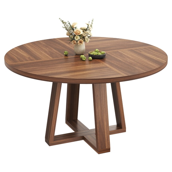 47 Inch Round Dining Table for 4-6 People, Farmhouse Wood Circle Kitchen Table with Cross Base - Table Only - Walnut