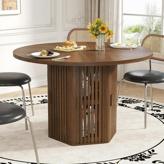 47 Inch Round Dining Table for 4, Circle Kitchen Table with Storage Shelf for Living Room, Walnut