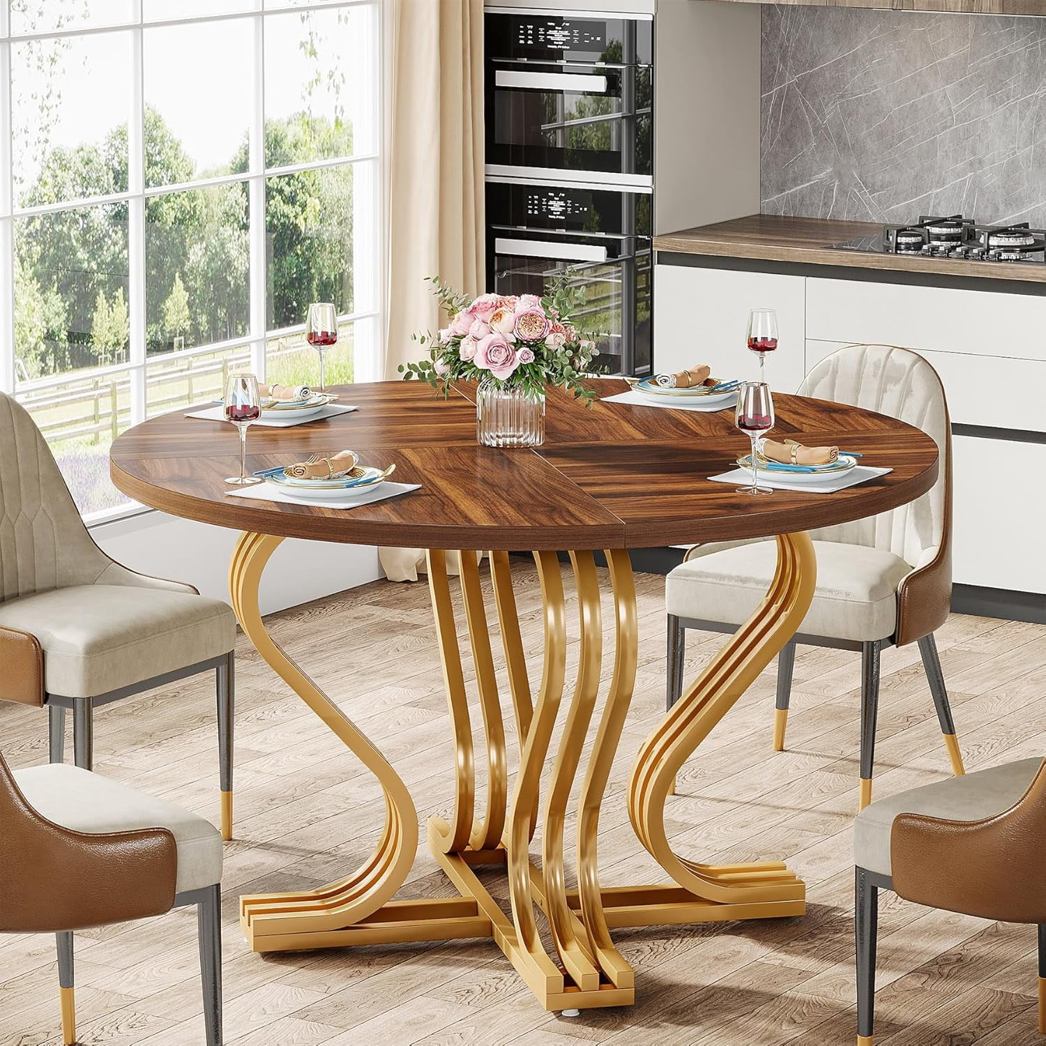 47 - Inch Round Dining Table for 4, Farmhouse Wood Kitchen Table, Gold ...