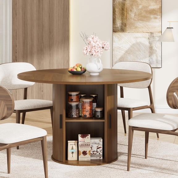 47 Inch Round Dining Table for 4, Kitchen Table Dinner Table with 2-Layer Storage Shelf and Wood Slide Door for Home Dining Room Living Room