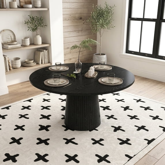 47-Inch Round Dining Table for 4 - Modern Farmhouse Kitchen Table with Wood Strip Base, Black Finish