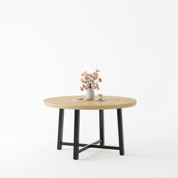 47 Inch Round Dining Table for 4, Sturdy Metal Frame Wood Kitchen Table, Space-Saving Circle Table for Dining Room - Natural Wood