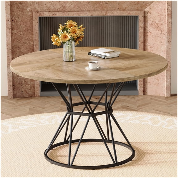 47 Inch Round Dining Table for Small Space, Industrial Metal Base and Wood Grain Top, Seats 6