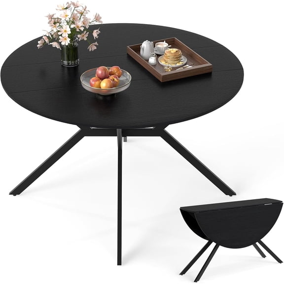 47 Inch Round Drop Leaf Folding Dining Table with Metal Frame, Black