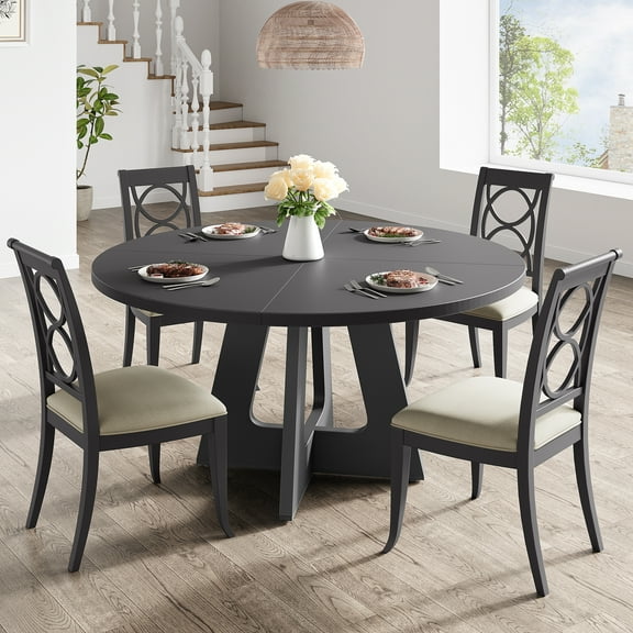 47 Inch Round Farmhouse Dining Table for 4-6 People, Gray Distressed Wood Table with Rustic Base, Circular Kitchen Table for Dining Room, Living Room, Small Space (No Chairs Included)