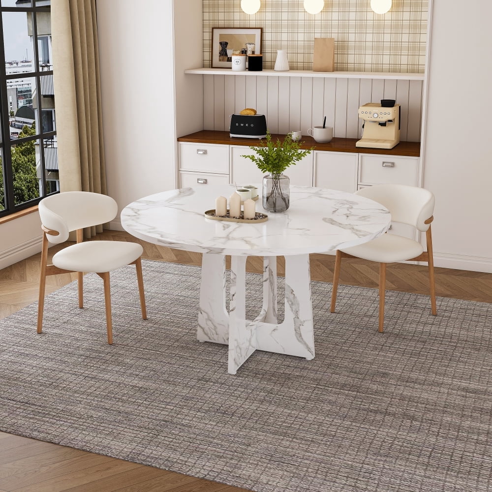 47 Inch Round Farmhouse Dining Table for 4-6 People, Wood Grain MDF ...