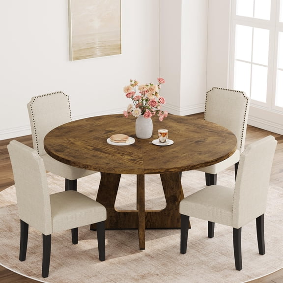 47 Inch Round Farmhouse Dining Table, Cross Pedestal Base, Rustic Brown for 4-6 People | Round Dining Table