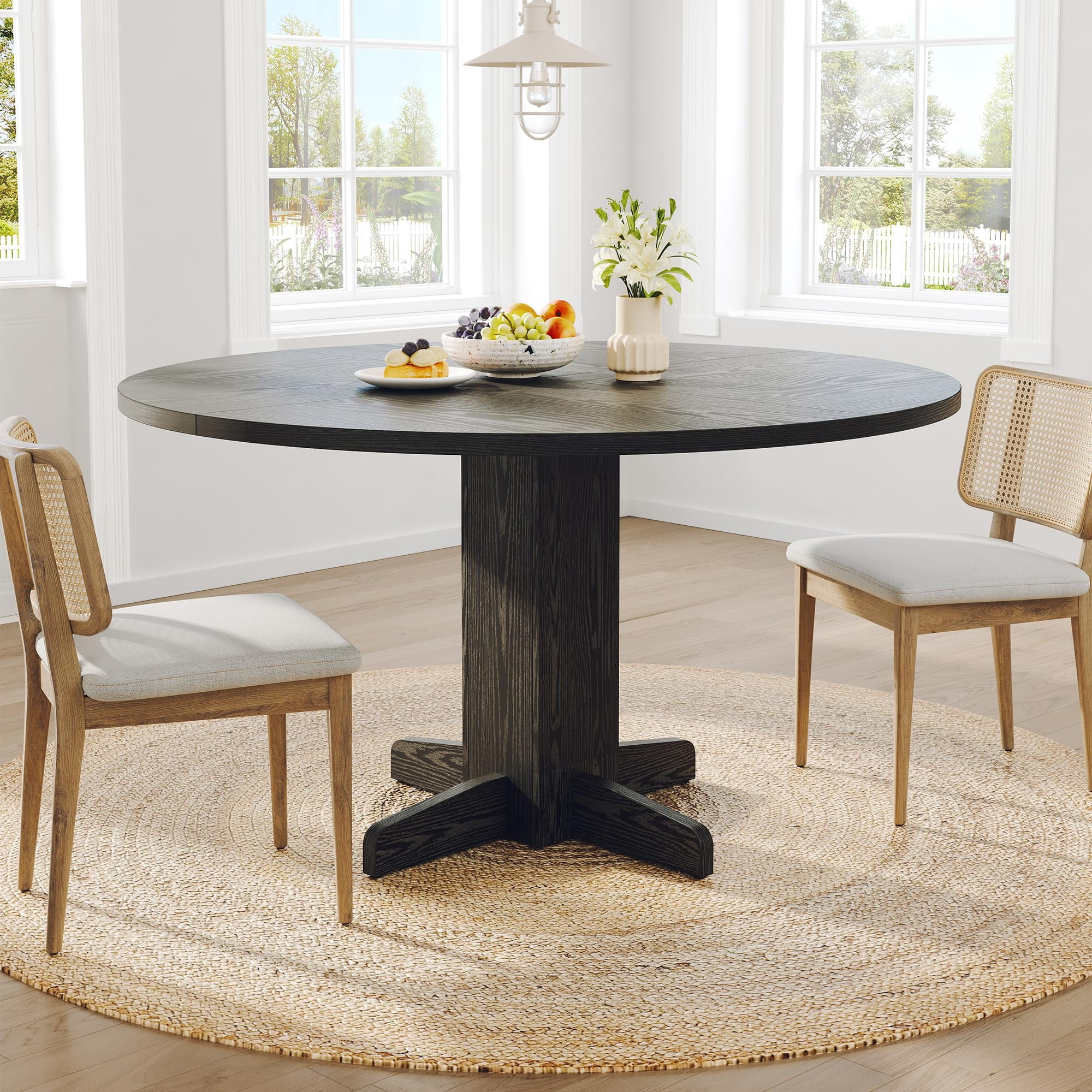 47 Inch Round Farmhouse Dining Table for 4, Sturdy Wood Pedestal, Space ...