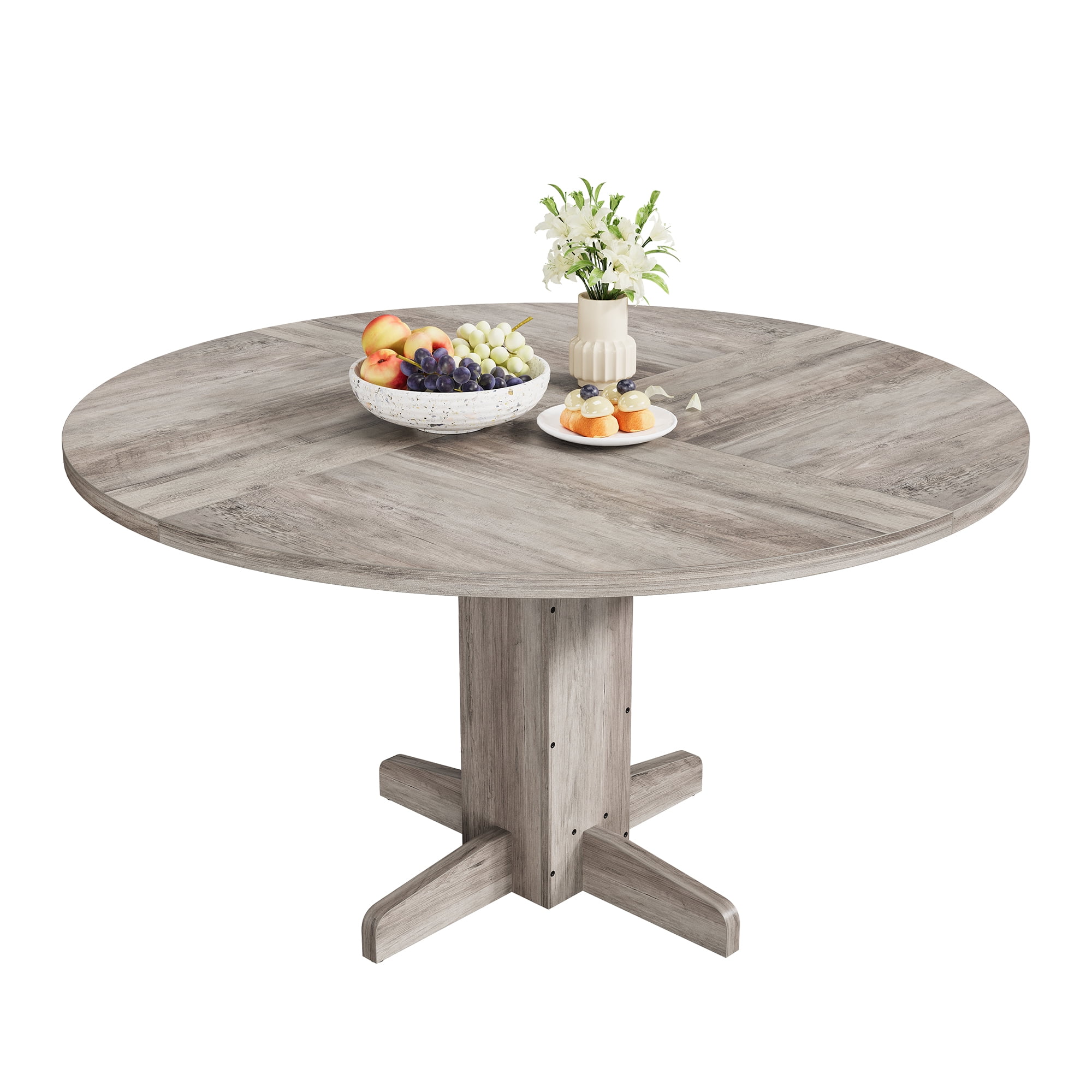47 Inch Round Farmhouse Dining Table for 4, Sturdy Wood Pedestal, Space ...
