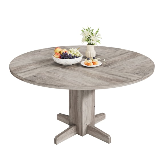 47 Inch Round Farmhouse Dining Table for 4, Sturdy Wood Pedestal, Space-Saving, Easy Assembly, for Kitchen, Dining Room, Living Room, Grey