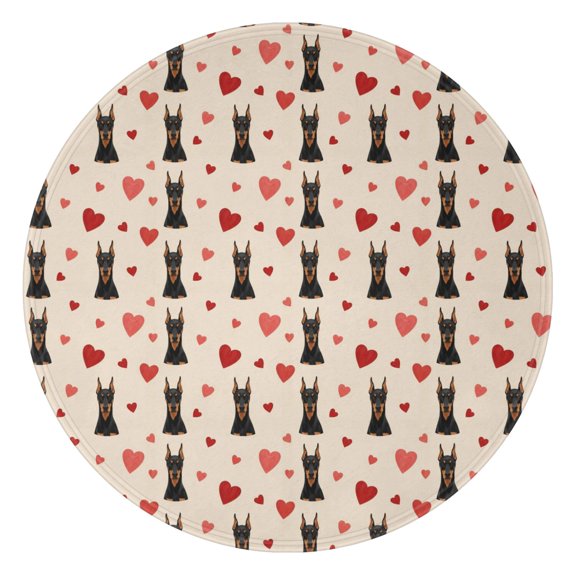 47 Inch Round Flannel Blanket for Adults & Kids, Soft, Cozy, Lightweight, Home, Travel, Indoor & Outdoor,Doberman Heart Layered Beige Pattern