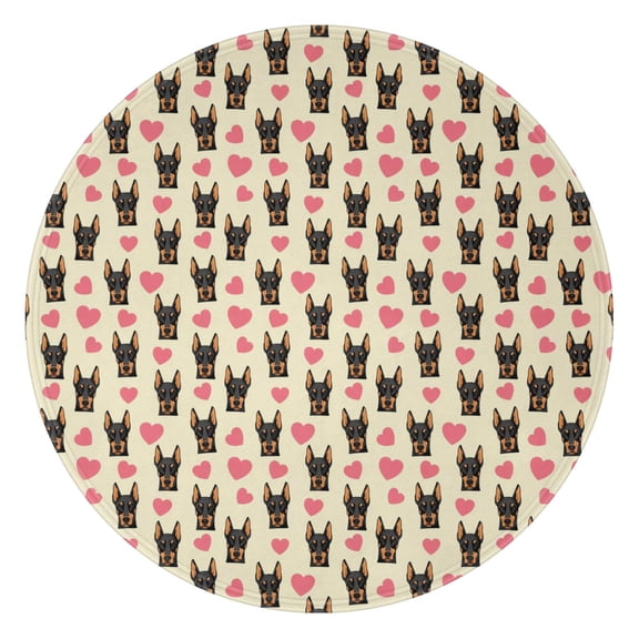 47 Inch Round Flannel Blanket for Adults & Kids, Soft, Cozy, Lightweight, Home, Travel, Indoor & Outdoor,Doberman Heart Pastel Beige Pattern