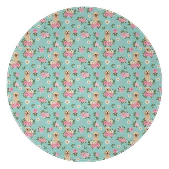 47 Inch Round Flannel Blanket for Adults & Kids, Soft, Cozy, Lightweight, Home, Travel, Indoor & Outdoor,Golden Retriever Floral Turquoise Pattern