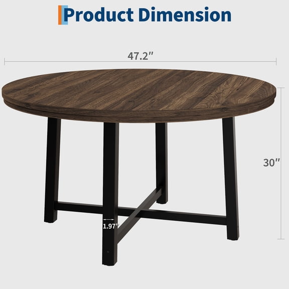 47 Inch Round Industrial Dining Table for 4-6, Wooden Kitchen Table with Sturdy Metal Frame(Only Table)