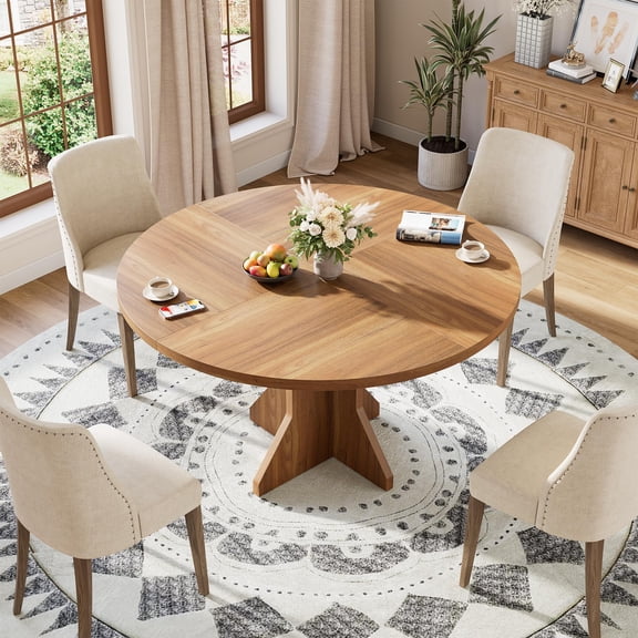 47 Inch Round Kitchen Dining Table for 4-6 People, Sturdy Pedestal Base Dinner Table Ideal for Small Spaces, Apartment & Living Room