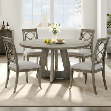 47-Inch Round Large Dining Table, Wooden Kitchen Table for 4, Farmhouse Dinner Table with Wooden Top and Legs for Home Dining Room or Living Room