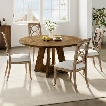 47-Inch Round Large Dining Table, Wooden Kitchen Table for 4, Farmhouse Dinner Table with Wooden Top and Legs for Home Dining Room or Living Room