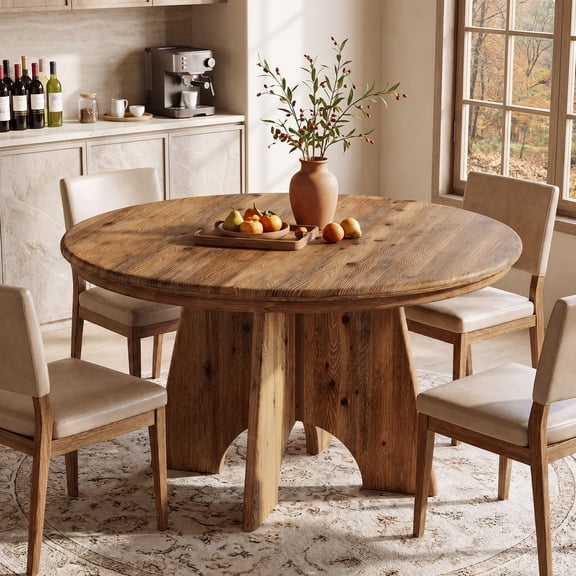 47-Inch Round Solid Wood Dining Table for 46 People, Farmhouse Kitchen & Dining Table with Cross Base, Rustic Circular Table for Dining Room, Living Room, and Apartment