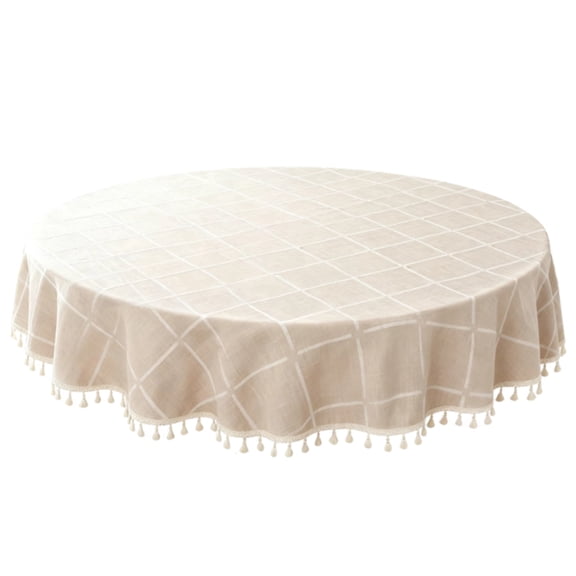47 Inch Round Tassel Plaid Tablecloth, Cotton Linen Fabric Table Cover, 47 in / 120 cm Diameter, for 24-32 in / 60-80 cm Tables, Classic Elegant Design, Home, Restaurant, and Hotel Use