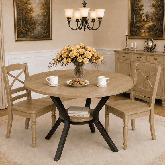 47 Inch Round Wood Dining Table for 4-6, Farmhouse Kitchen Table With Cross Pedestal & Storage Shelf for Kitchen and Dining Room- Natural