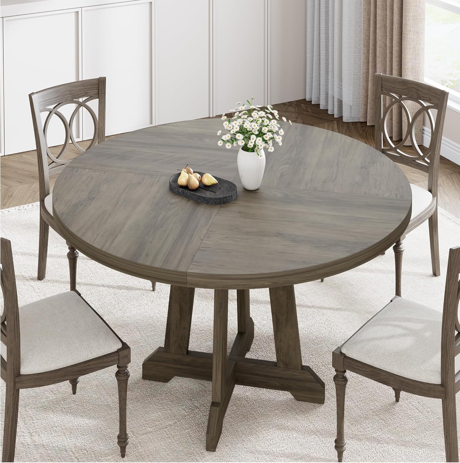 47-Inch Round Wooden Dining Table, Farmhouse Style for 4-6 People with Adjustable Legs, Sturdy Wood Top, and Rustic Design for Dining Room and Living Room (Gray)