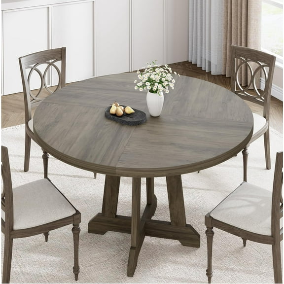 47-Inch Round Wooden Dining Table, Farmhouse Style for 4-6 People with Adjustable Legs, Sturdy Wood Top, and Rustic Design for Dining Room and Living Room (Gray)