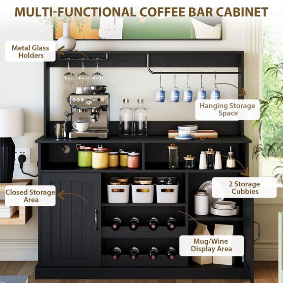 47-Inch Rustic Coffee & Wine Station with Power Outlet — Adjustable Sideboard Cabinet Featuring Goblet Rack and Shelves for Kitchen and Dining Room，Black