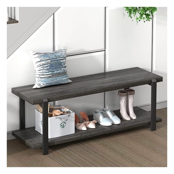 47 Inch Shoe Rack, Rustic Wood & Metal Entryway Bench, Vintage Shoe Storage for Hallway, Dark Gray