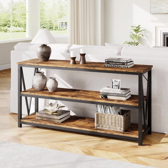 47-Inch Slim Wood Console Table with Three-Level Storage, Rustic Accent Sofa Table for Hallway Living Room Spaces