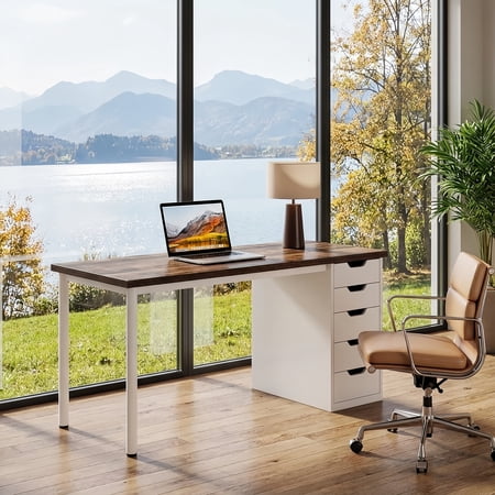 47 Inch Small Space Computer Desk - Rustic Brown Home Office Writing Table With 5 Reversible Drawers, Farmhouse Compact Study Workstation For Apartments Dorms