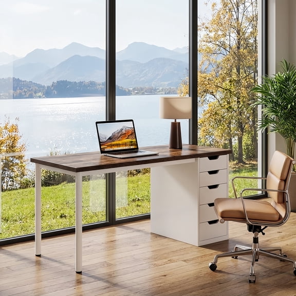 47 Inch Small Space Computer Desk - Rustic Brown Home Office Writing Table With 5 Reversible Drawers, Farmhouse Compact Study Workstation For Apartments Dorms