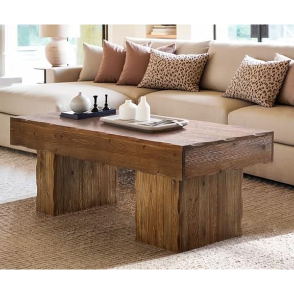 47-Inch Solid Wood Coffee Table, Farmhouse Center Tables with Thick Base, Modern Rustic Rectangular Cocktail Tea Furniture for Living Room and Office, Natural Wood Brown$$Furniture