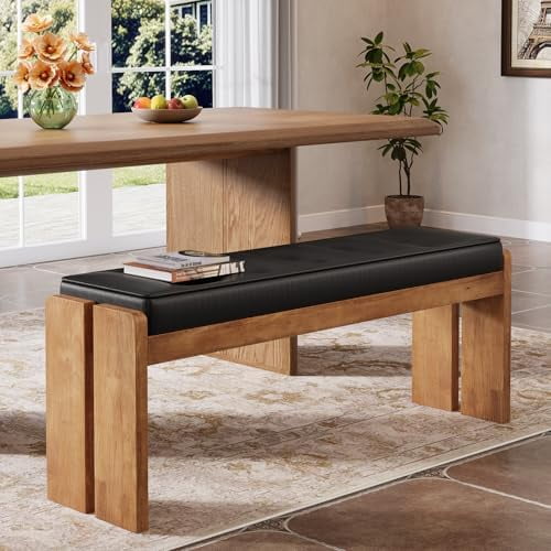 47-Inch Solid Wood Dining Bench, Modern Kitchen Table Bench with Button-Tufted Leather Pad and Wooden Legs, for Living Room, Dining Room, Hallway, Black & Brown$$Furniture