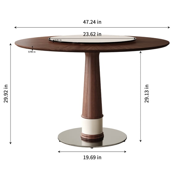 47 Inch Solid Wood Dining Table with 23 Inch Tempered Glass Lazy Susan, Stainless Steel Base Round Kitchen Table for 4-6 People, Retro Farmhouse Home Restaurant Furniture