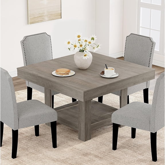 47 Inch Square Dining Table for 4-6, Wood Kitchen Table with Storage Shelf, Triangular Leg Base, Farmhouse Dining Room Table for Apartment and Small Spaces